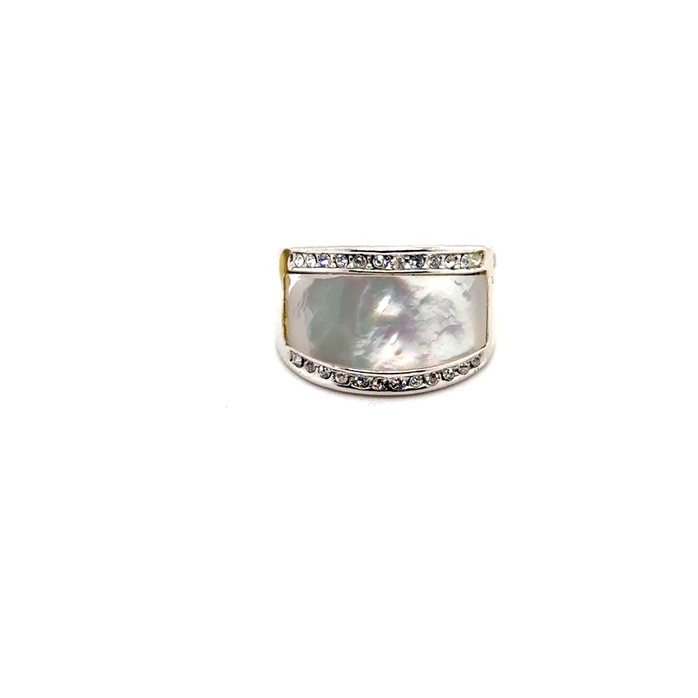Silver Tone Mother of Pearl Crystal Inlay Statement Band Ring Size 8